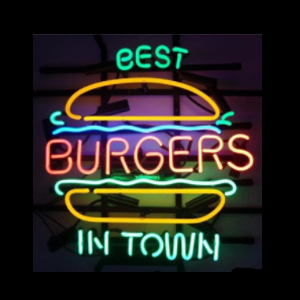 Best Burgers In Town Hamburger Custom Handcrafted Real Glass Tube Store Shop Advertise Decoration Display Sign Neon Light 15X19