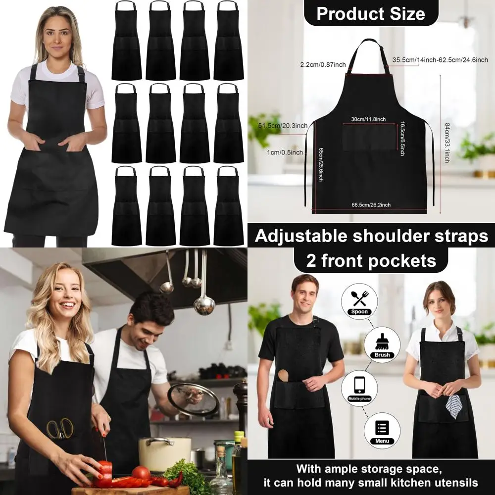 

12 шт. фартуки-нагрудники, регулируемый черный фартук с 2 карманами, водонепроницаемый кухонный фартук для женщин и мужчин, можно стирать в машине