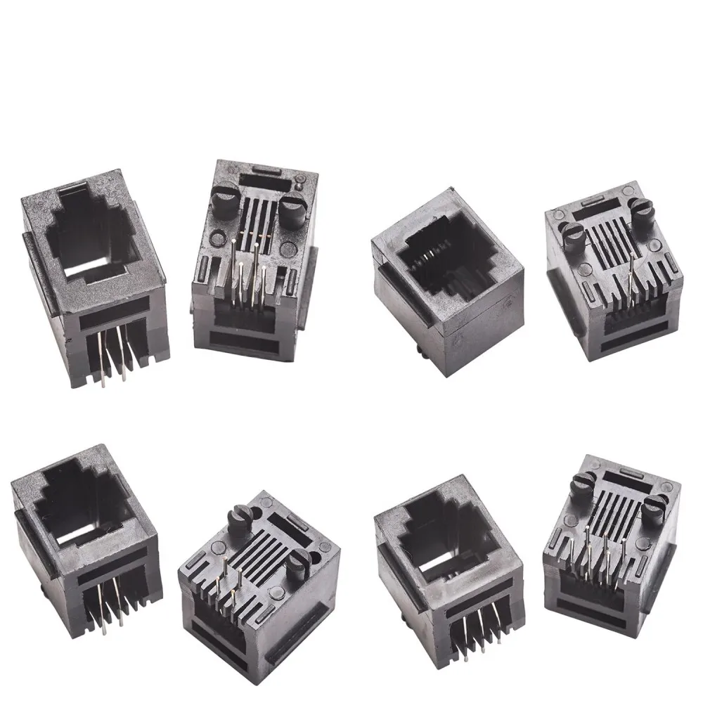 100pcs RJ11 Telephone Jack Connector 52-4P4C 6P6C 8P8C 180 degrees Vertical Network Port Female Socket Black with Side