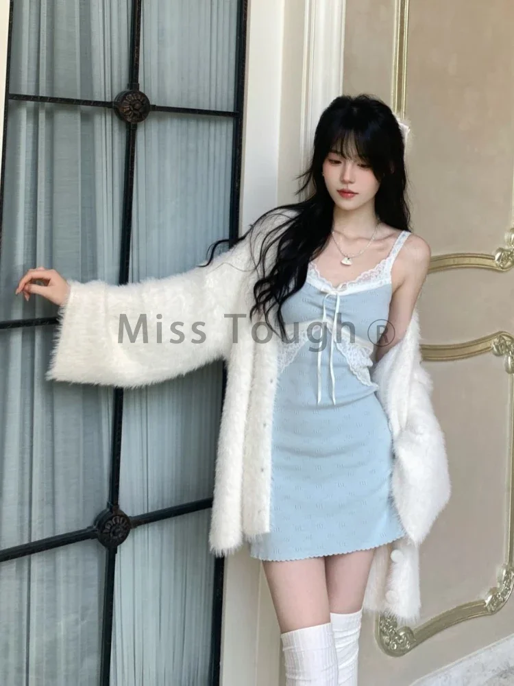 ฤดูหนาวญี่ปุ่น Kawaii 2 ชิ้นชุดชุดสตรี Elegant Party Mini Dress หญิงหวาน Cardigans + เซ็กซี่ Backless ชุด