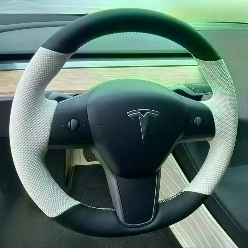 

For Tesla Model 3 2015-2021 Model Y 2019-2021 auto parts Hand Stitched black white Genuine leather car steering wheel Cover