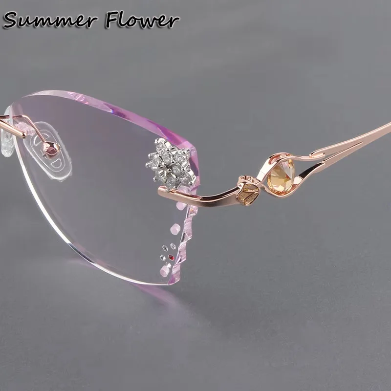 

Butterfly Female Eye Glasses Titanium Gray Red Lens Diamond Trimmed Rimless Spectacle Frames Women Luxury Sunglasses Tint Lenses