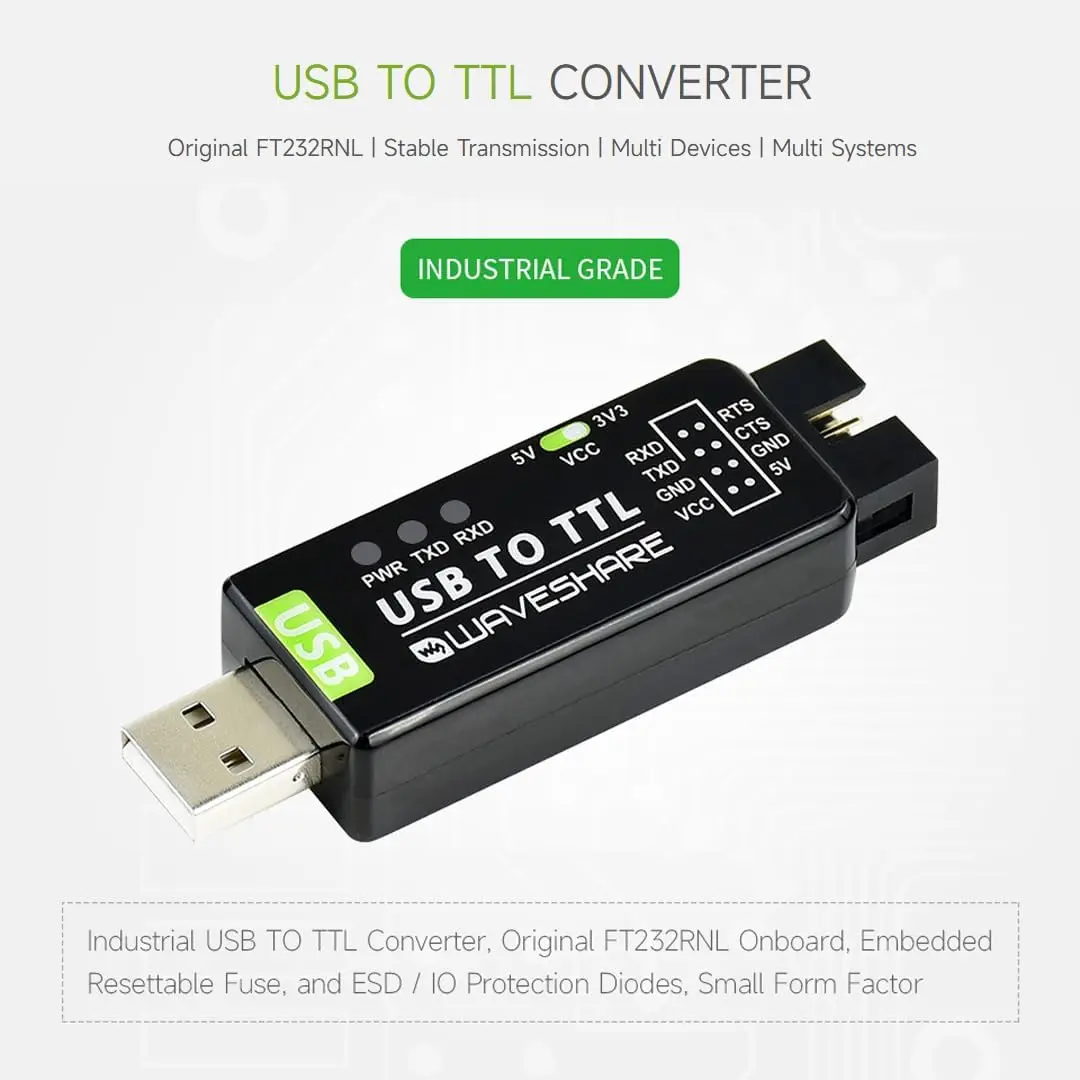 Waveshare Industrial USB to TTL Converter with Original FT232RNL Onboard Support Win7/8/8.1/10/11, Mac, Linux, Android, Wince