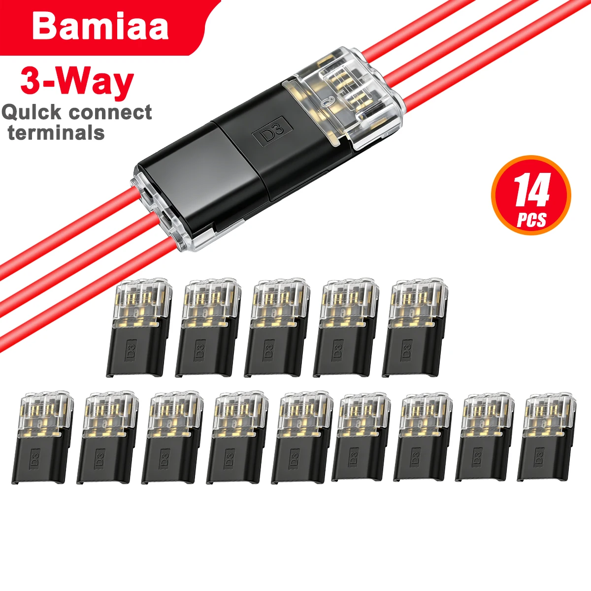 44/14pcs LED plug-in terminals (no wire stripping required); quick-connect 3-pin, 3-way D3 wire terminals for safe wire routing.
