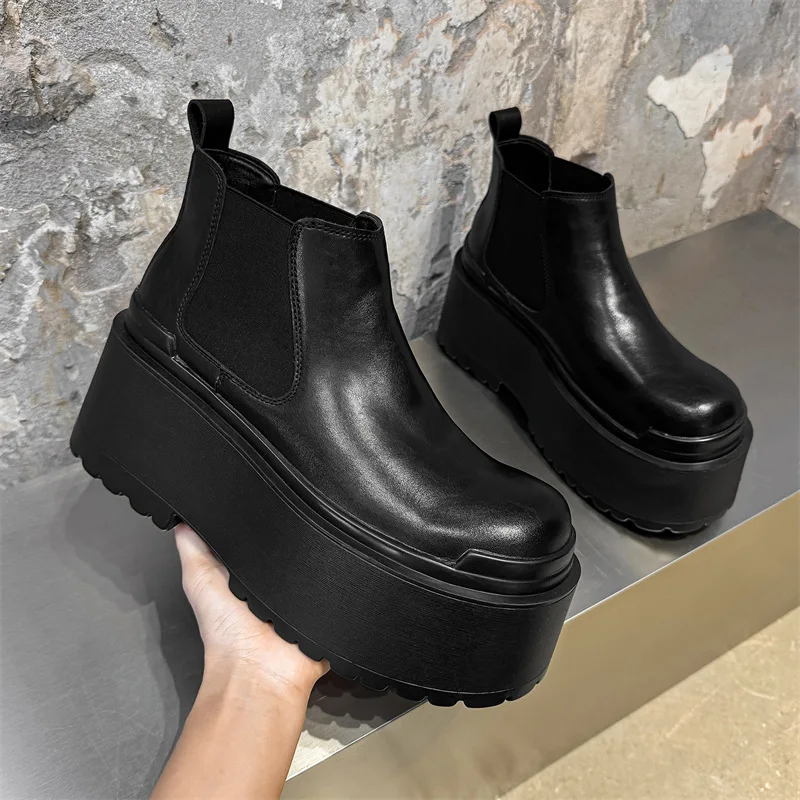 

Мужские модные ботинки на высокой платформе, оригинальные кожаные туфли без шнуровки в стиле хип-хоп, рок, ковбойские ботильоны, дизайнерские крутые ботинки «Челси», мужские