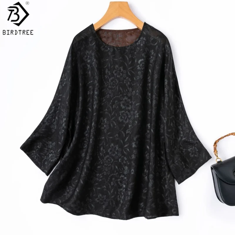 Birdtree, 100% Real Silk Reversible Tshirt, O-neck Raglan Sleeve Tops, Women Hand-woven Luo Xiangyunsha Shirt, 2026 New T66704JF