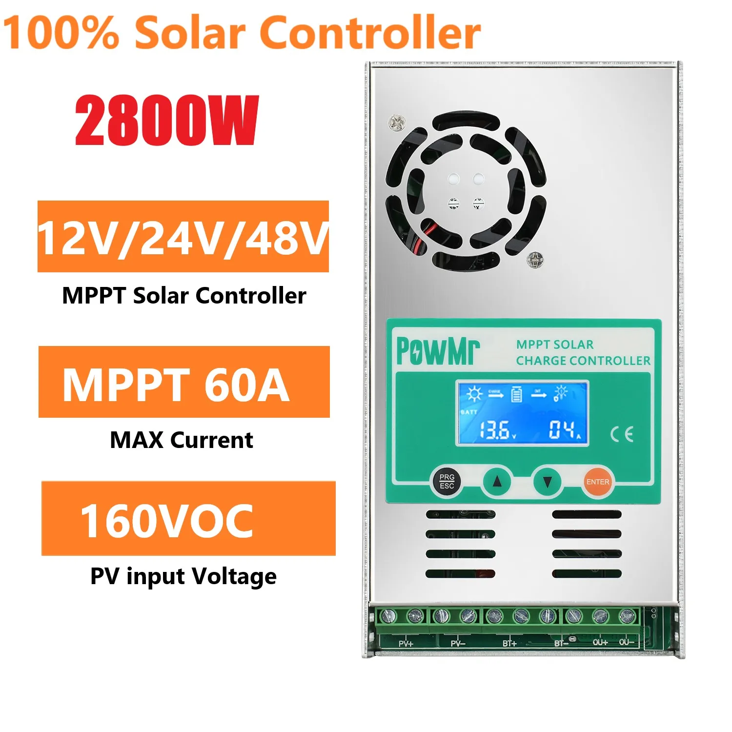 PowMr 60A MPPT Solar Charge Controller LCD Input 160VDC Lead Acid Lithium Batteries 12V 24V Solar Panel Battery Charge Regulator