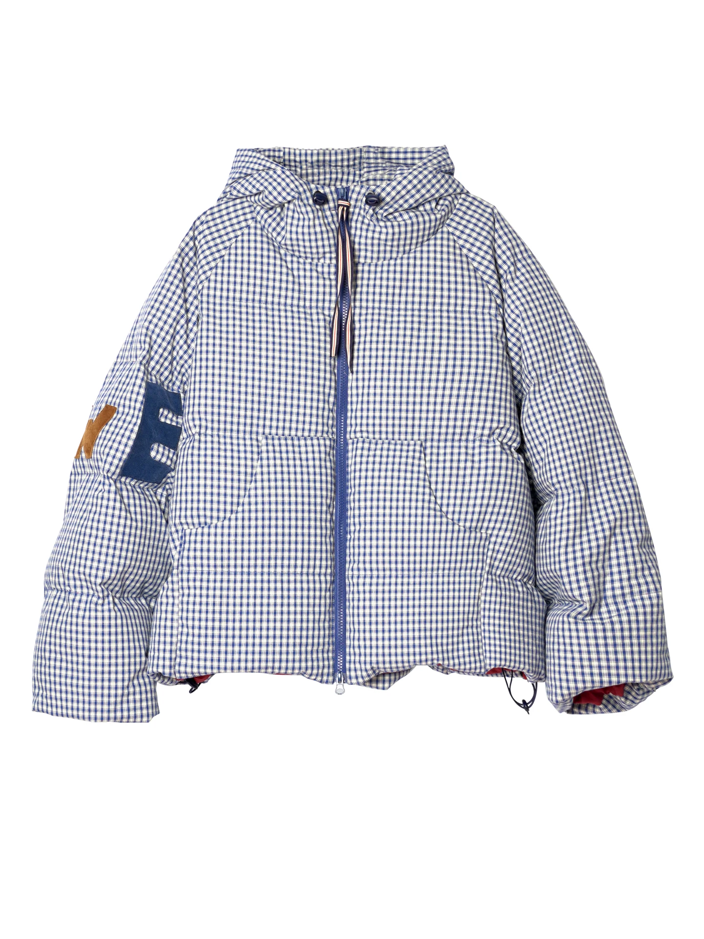 سترة شتوية قصيرة منقوشة باللون الأزرق الملكي imakokoni معطف بقلنسوة سميك بحروف متدفقة 255256 #5