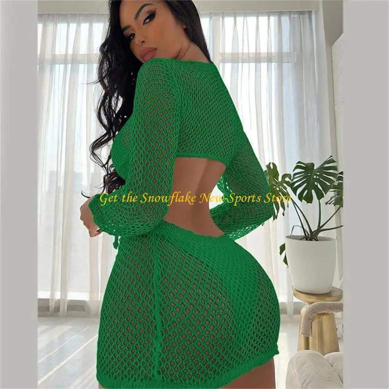 e56d 여자 중공 아웃 비키니 커버 업 승무원 해변 드레스 패션 크로 셰 뜨개질 긴 소매 수영복