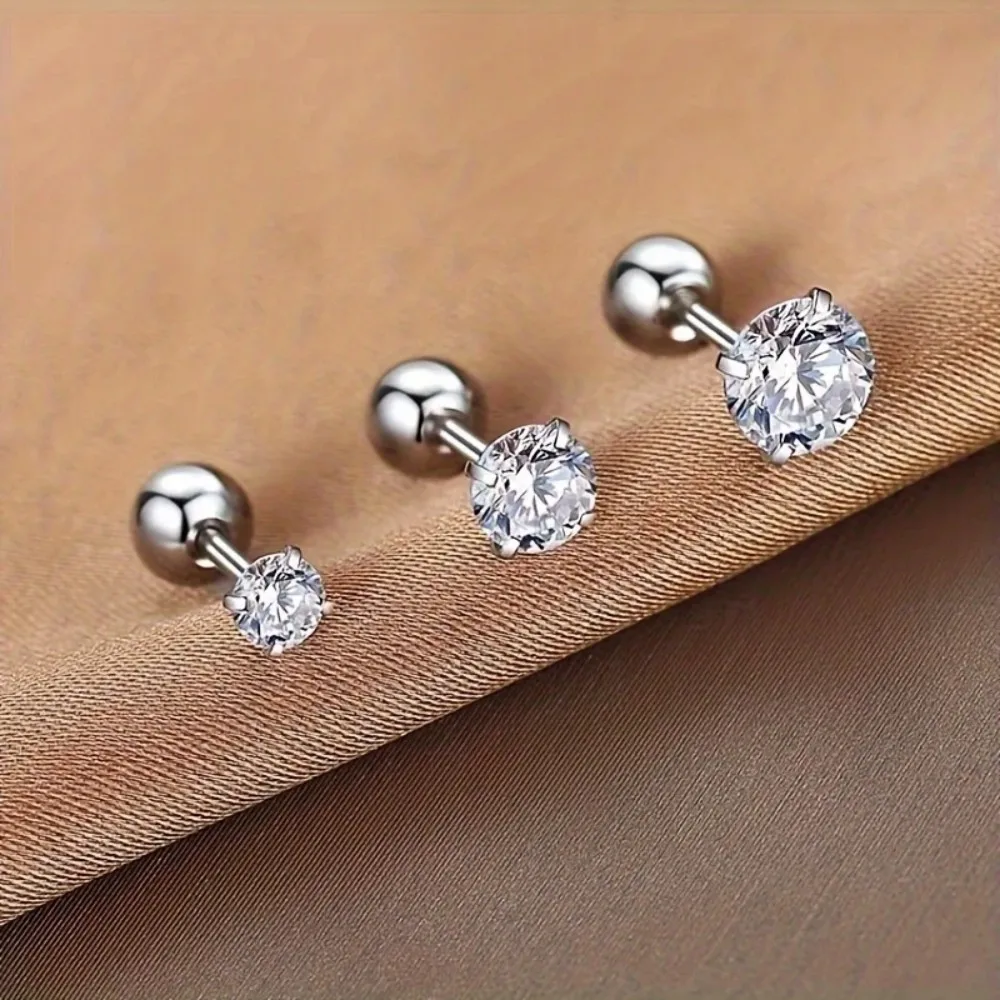 4pcs Super Flash Zircon Earrings Steel Simple Fashionable Four-Claw Thread Ear Bone Studs, Ear Piercing Free Remove Ear Cochlea