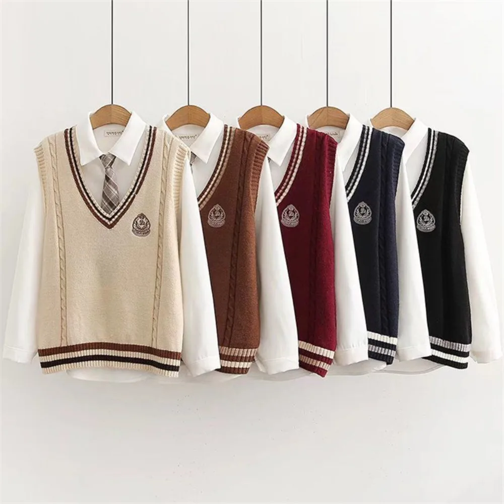 Spring and Autumn College Style Suit Male and Female Students Korean Version Loose Long Sleeve Shirt Knitted Vest Two-piece Set