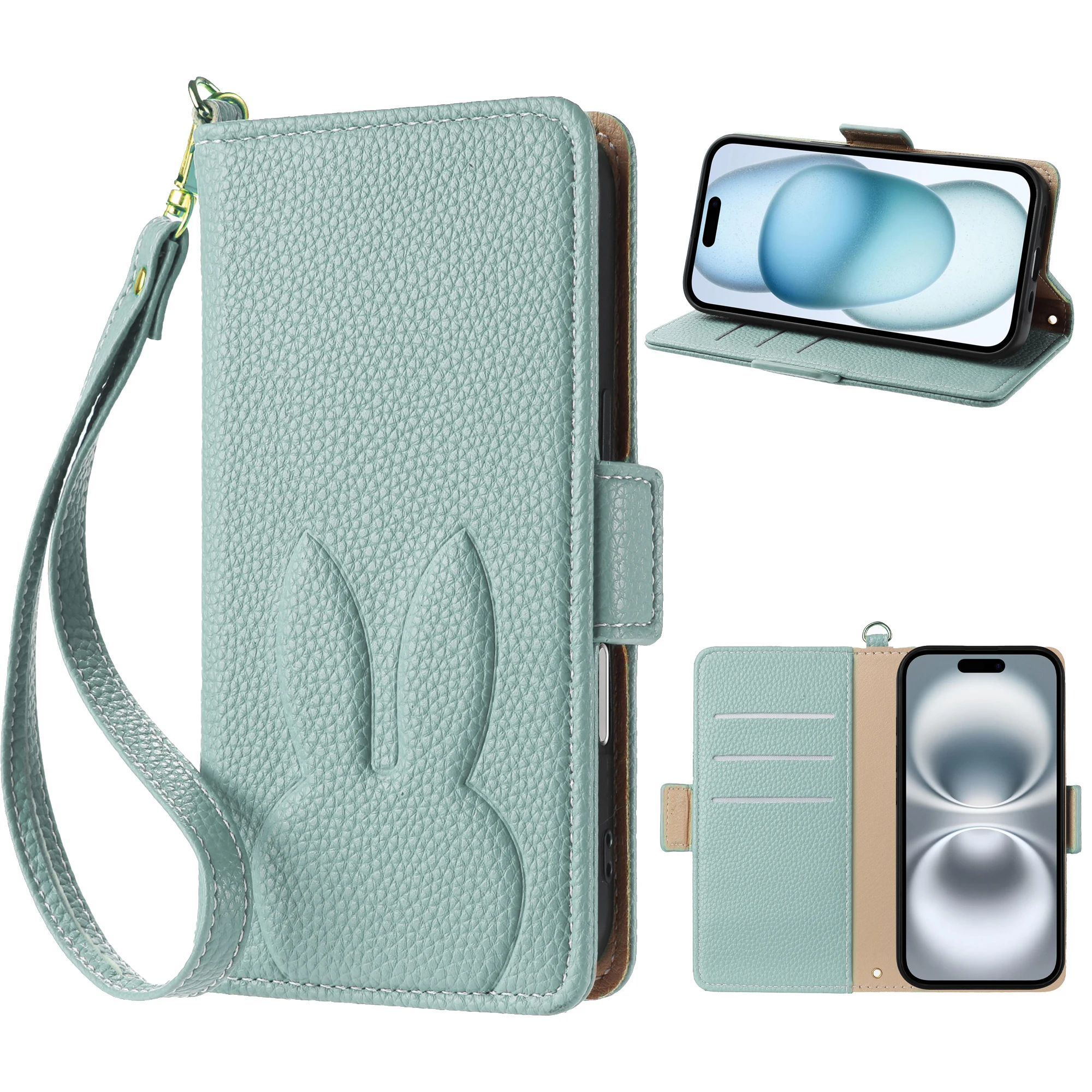 Niedliche 3D-Kaninchen-Blumen-Leder-Handy-Mappenhülle für iPhone 16 15 14 Plus 13 12 11 Pro Max XS X SE 16e Kartensteckplatz Flip-Cover – Detail 8