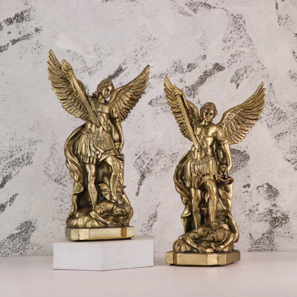 Retro Europäische Engelstatue, Heiliger Engel Michael Skulptur, Christliche Dekorative Kunstharz-Handwerkskunst, Wohnzimmer-Tischdekoration – Detail 7
