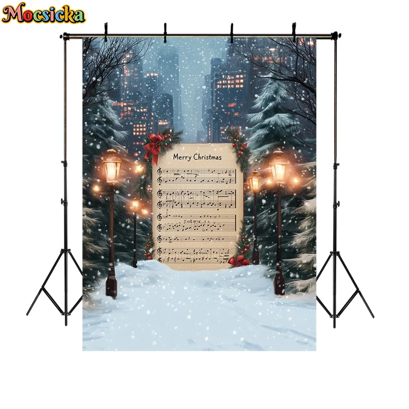 Merry Christmas Photography Backdrops Kids Adult Family Portrait Photo Backgrounds Winter Xmas Tree Sheet Music Decor Props