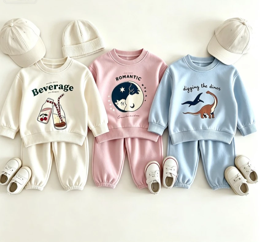 Kids Autumn Sweatshirt Two Piece Set Children Cartoon Cat Print Crew Neck Pullover+Pants Costume Children Clothing Sets Wear Top