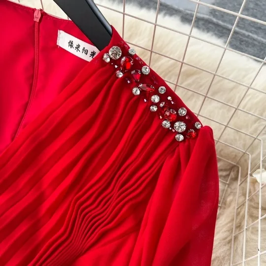 여성용 세련된 V넥 랜턴 슬리브 스터드 다이아몬드 원피스, 슬림 웨이스트, 우아한 롱 스커트, 소녀 단색