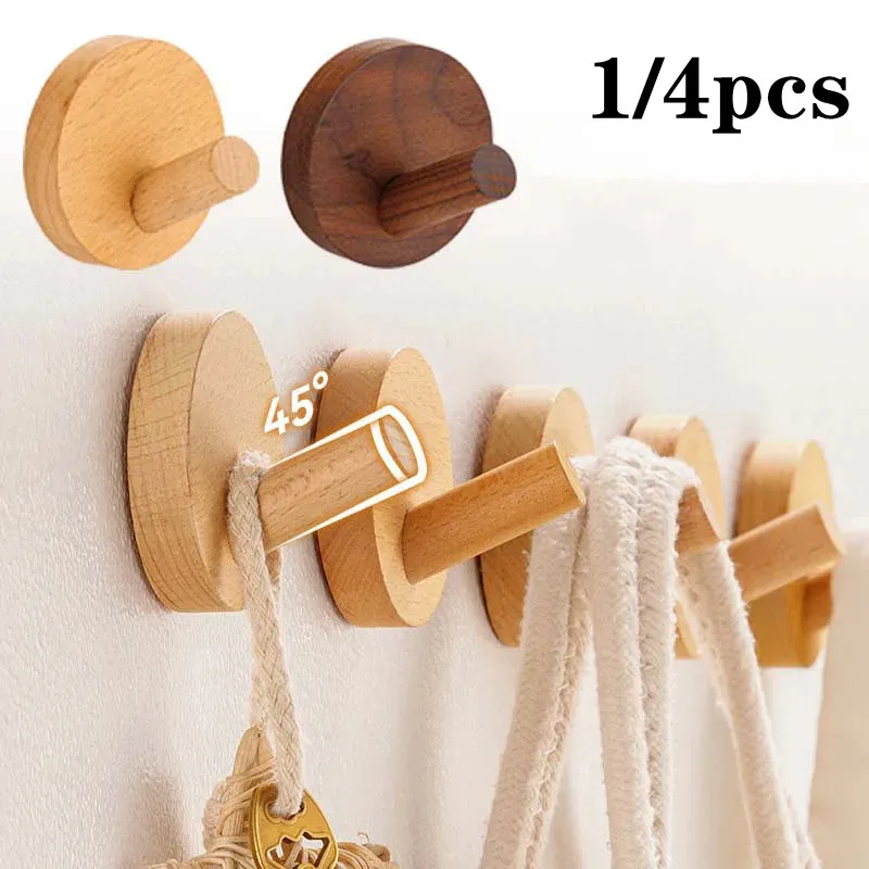 Simple Beech Walnut Wood Hook Hanging Hanger Punch Free Wall Hooks Bedroom Coat Storage Rack Home Towel Key Decoration Hook