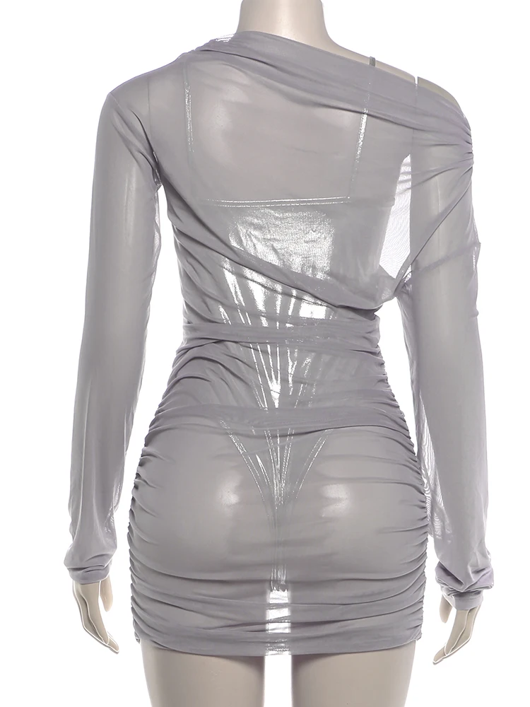 Weird Puss Mesh Patchwork Mini-Kleid mit schrägem Kragen und langen Ärmeln + ärmellose, rückenfreie, figurbetonte Bodysuits mit tiefem Ausschnitt, sexy 2-teiliges Set – Detail 5