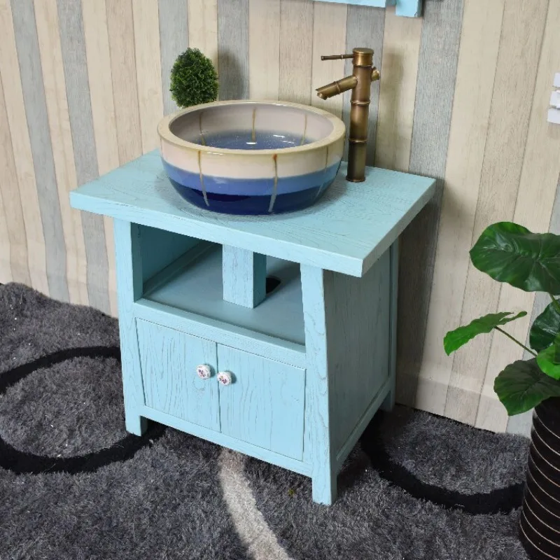 Mediterranean bathroom cabinet American wash basin cabinet combination European country floor blue wash basin