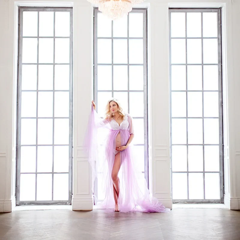 Tulle Maternity Gown Long Dress with Drawstring Floor Mop Dress Maternity Dresses for Photo Shoot Mesh Pregnant Woman Photo