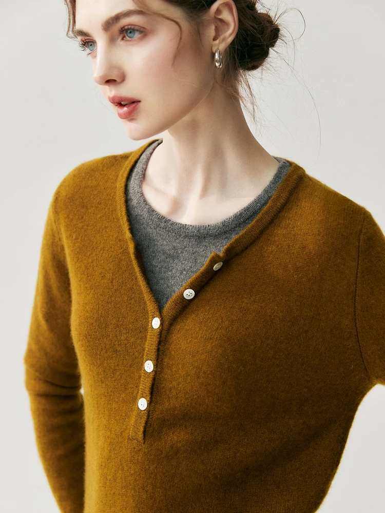

ADDONEE Women Classic Henry Collar Pullover Sweater 100% Cashmere Knitwear V-neck Button Long Sleeve Slim Pullover Autumn Winter