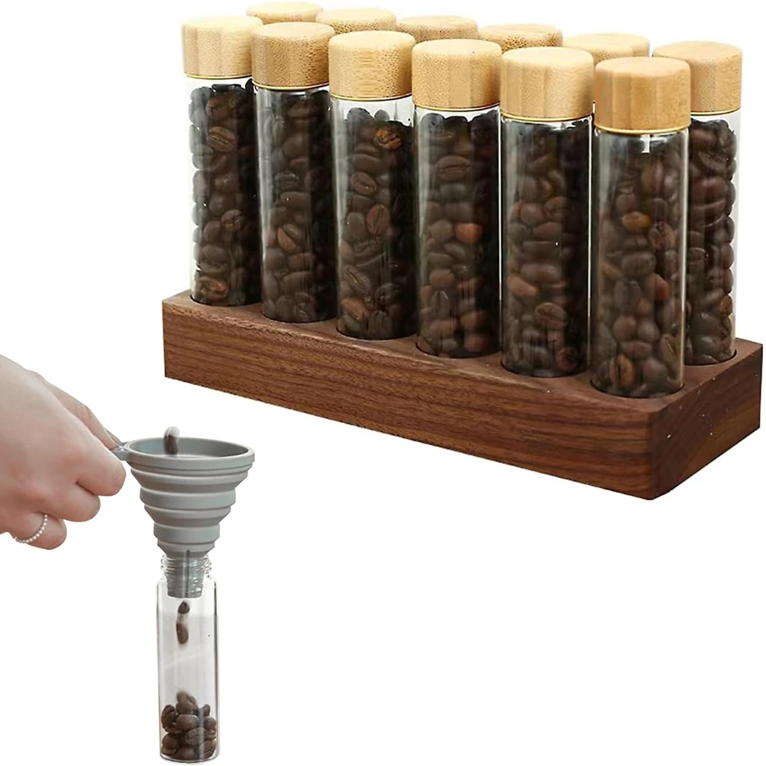 Convenient, Portable, and Stylish Set of 12 Airtight Glass Coffee Bean Tubes - Elegant Wooden Stand, Funnel, and Travel-Friendly