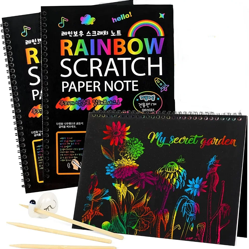 Ensemble de papier à gratter magique arc-en-ciel pour enfants, jouet de peinture à gratter, livre de Graffiti, jouets éducatifs Montessori  26