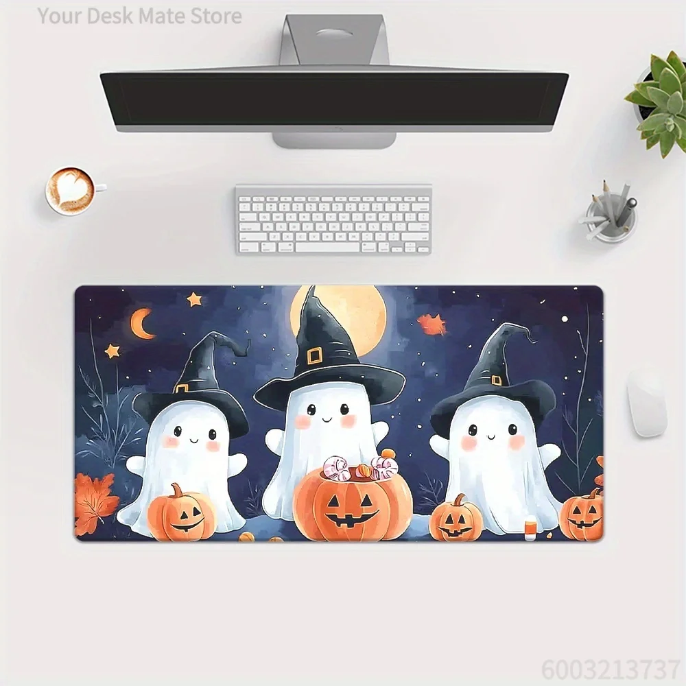Halloween Themed Cute Mouse Pad Witch Ghosts Glowing Pumpkins Candy Art Extended Desk Mat for PC Laptop Gaming Office