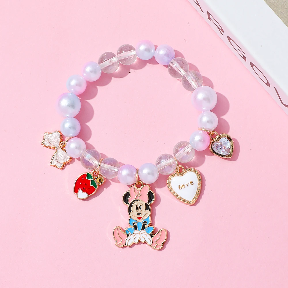 Disney Minnie Mouse Crystal Bead Charm Pulseira Elegante Pingente Joias para Mulheres e Meninas