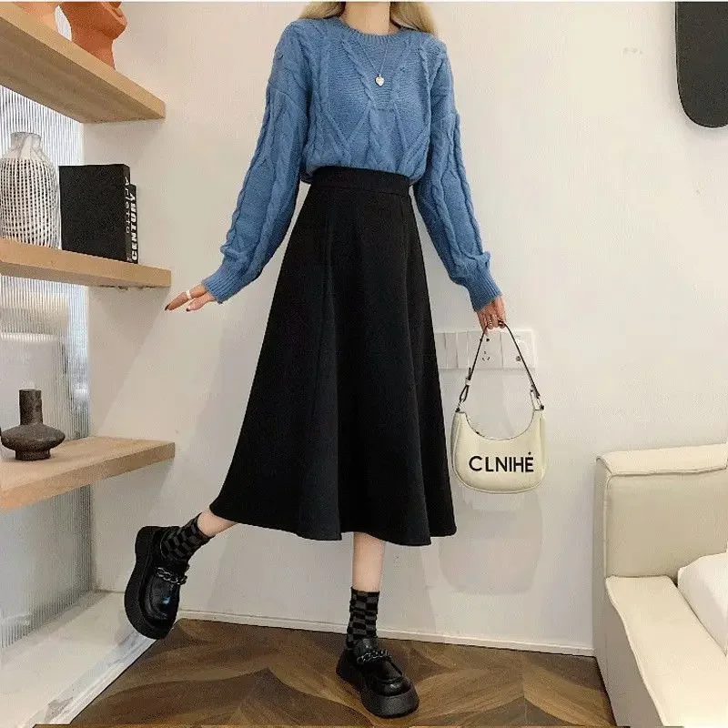 Herfst Wollen A-lijn Rok voor Vrouwen Mori-meisje Hoge Taille Faldas Largas Streetwear Temperament Zwarte Midi Rokken Casual klassieke