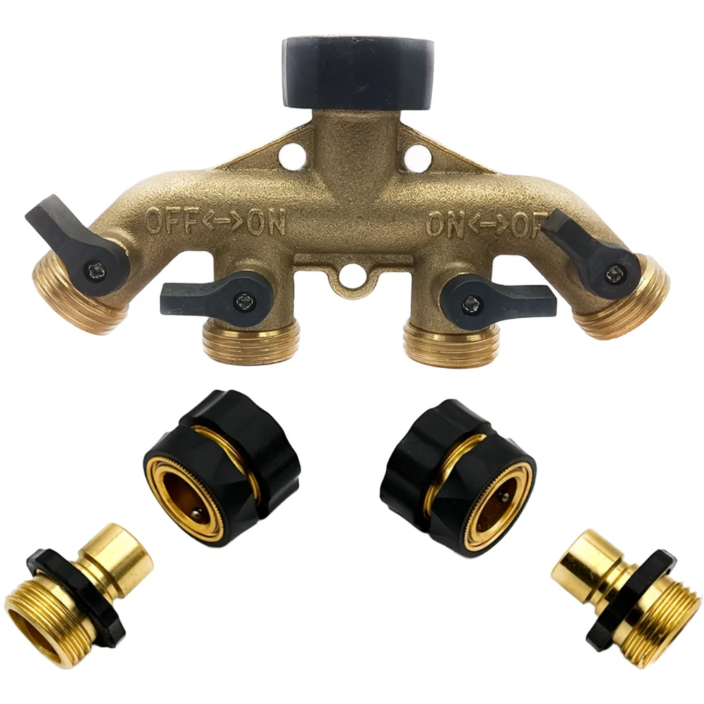 4 Way Brass Hose Splitter with 2 Black Quick Connect Couplers for Multi Function Use in Yard Garden and Car Wash