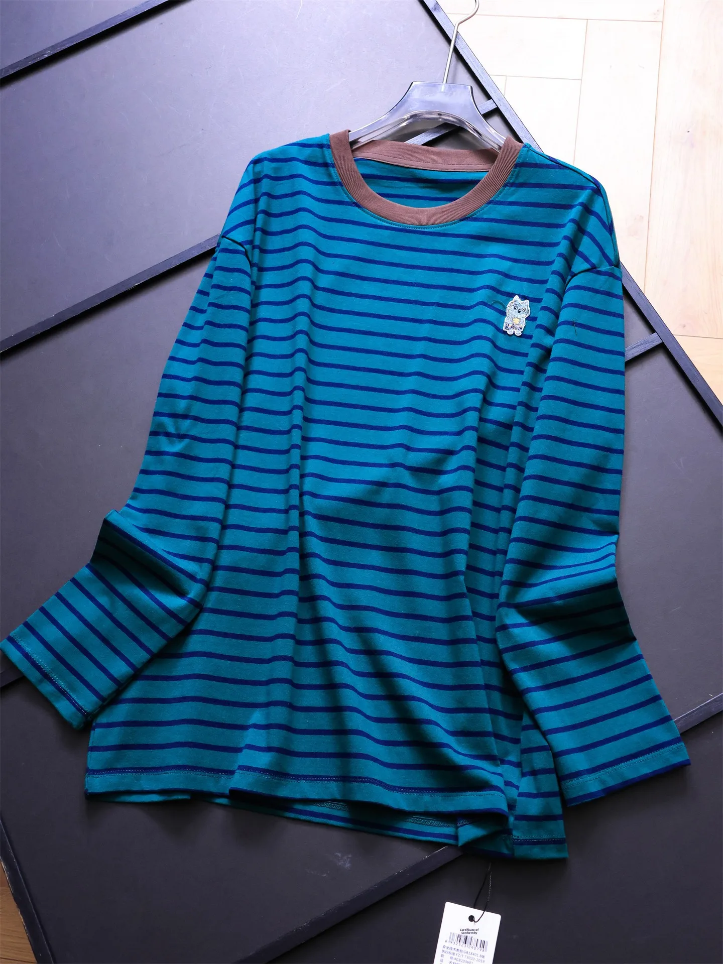 

Casual Loose Long Sleeve round Neck T-Shirt Color Block Striped Patchwork Embroidery Women's Autumn New Style B389