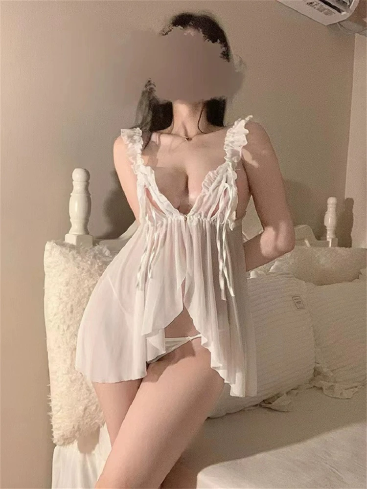 Women Sexy Lingerie Misty Nightdress Erotic Slip Dress Crotchless Lace Badydoll Girls Porn Underwear See-Through Mesh Costume