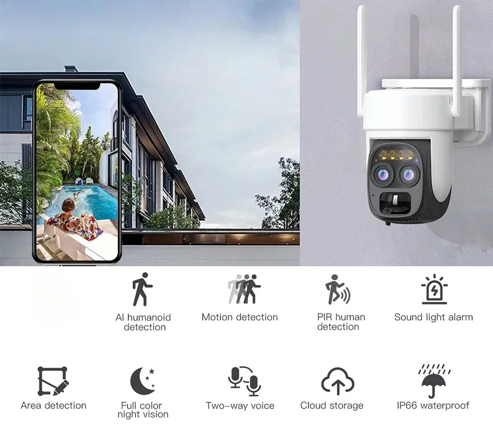 10X Optical Zoom Two-way Audio Color Night Vision Bulit-in Battery Security Camera 3K 6MP Dual Lens WIFI Solar Camera Outdoor