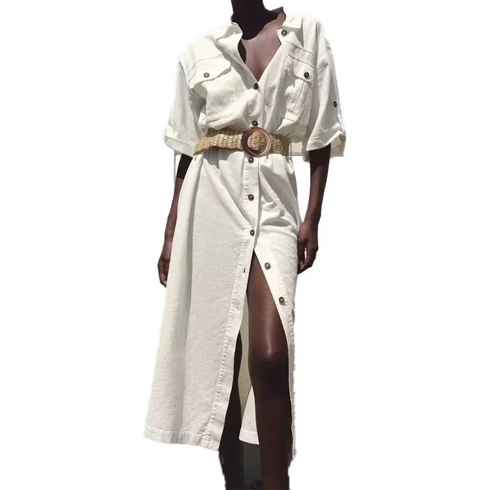 Willshela 여성 패션 화이트 코튼 린넨 셔츠 드레스 높은 허리 벨트 반팔 여성 세련된 레이디 캐주얼 롱 베스 티드