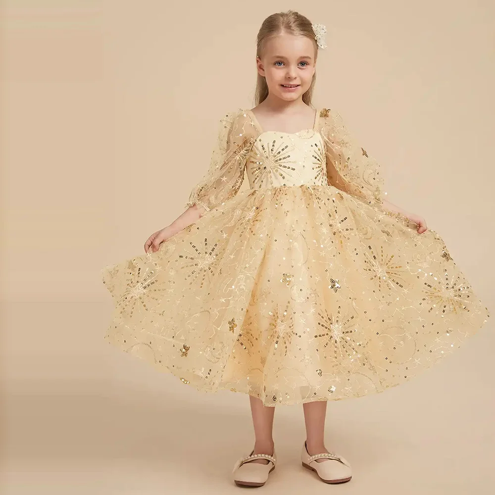 Customized Gold Sequined Beading Flower Girl Dresses Long Sleeves A-Line First Communion Dress Princess Birthday Party Gowns
