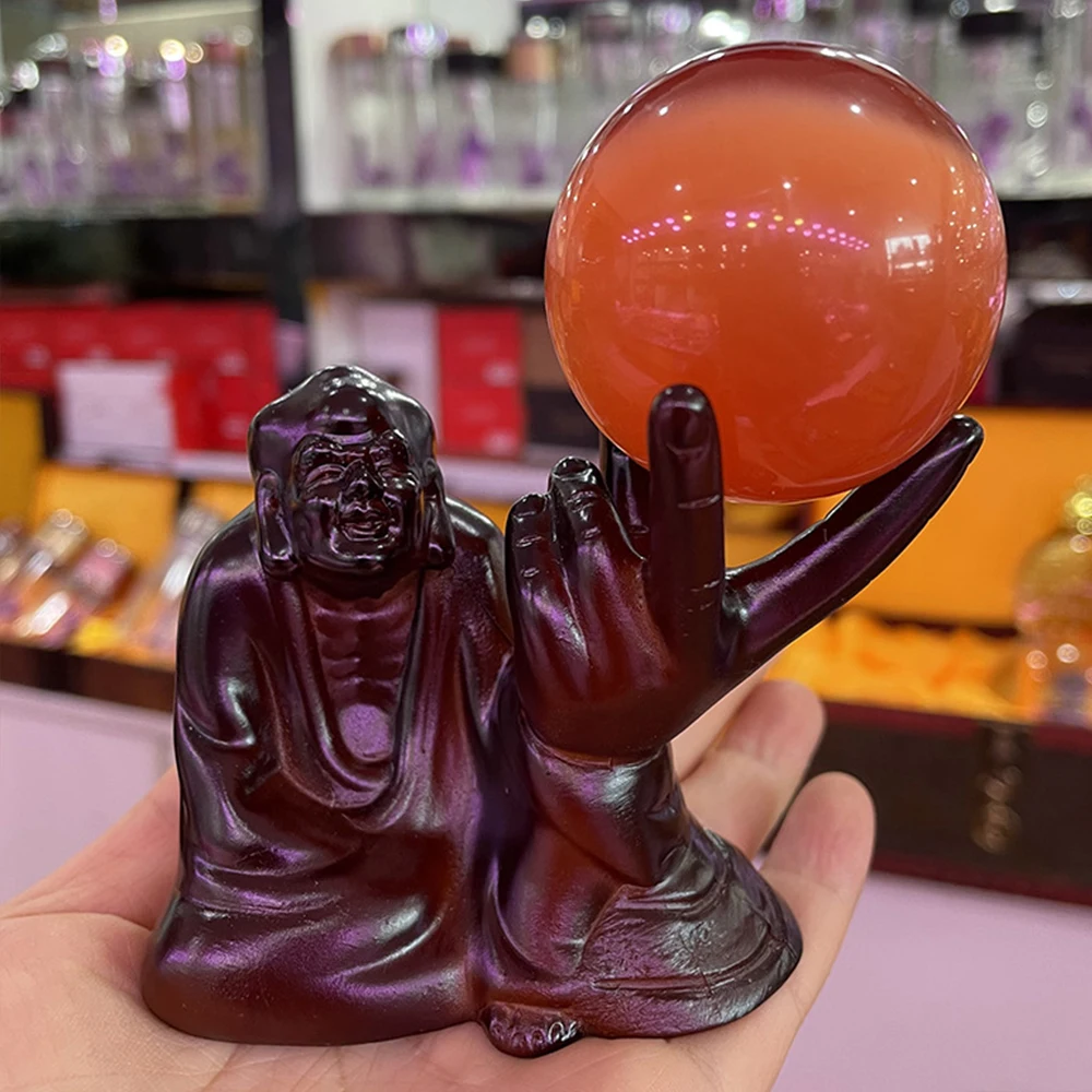 

Happy Arhat Crystal Ball Base Chinese Buddha Statue Resin Crafts Ornaments Spher Holder Lucky Fengshui Office Home Decoration