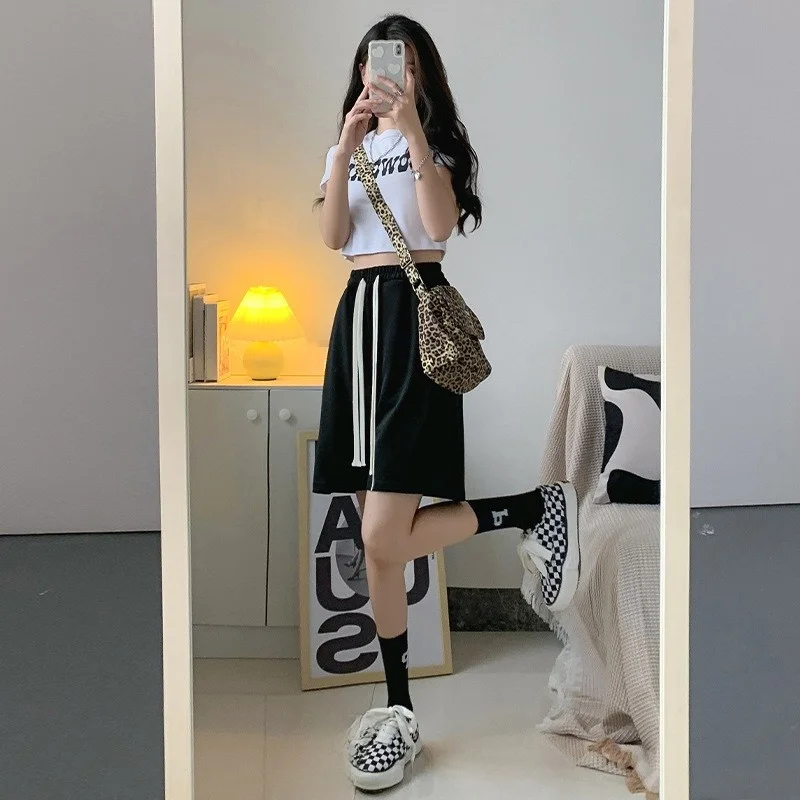 ピンク スポーツ レディース 夏 薄手 ハイウエスト ルーズ スリミング ファイブクォーター ストレートレッグ スウェット カジュアル パンツ H975