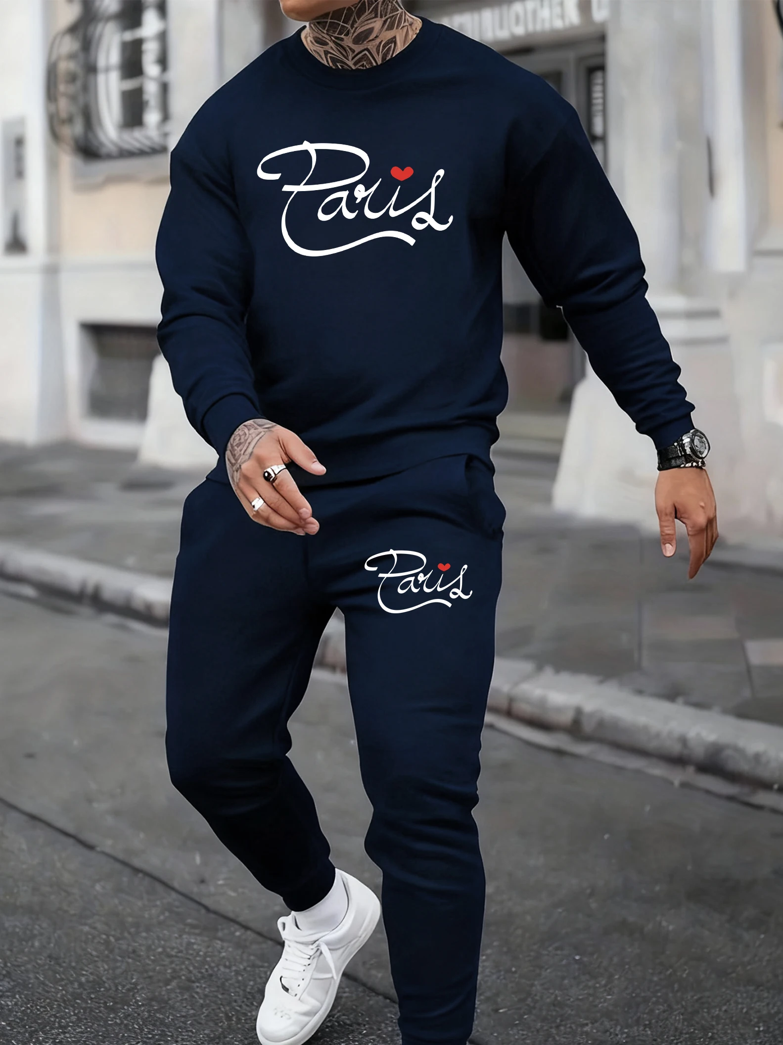 Pair Red Heart Art Letter Print Men Sweatshirt Set Fleece Gym Sweatpants Casual Autumn Pullover O-Neck Loose Clothing Suit