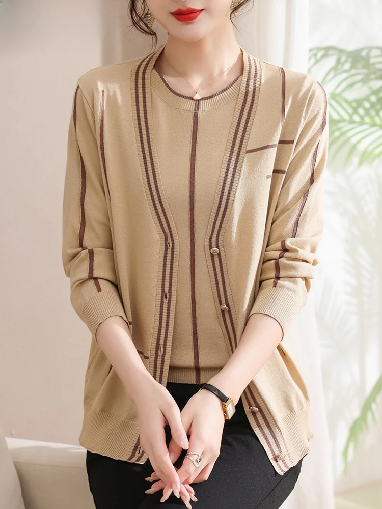 

Модный вязаный комплект-двойка для женщин среднего возраста: осенне-весенний повседневный кардиган и топ из смесового полиэстера и вискозы, круглый вырез...