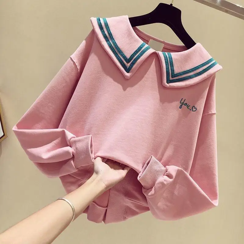 

Girls' Autumn and Winter Clothes Doll Collar Large Pullover Sweater 2023 New Loose Cotton Brushed Long-Sleeved Tops