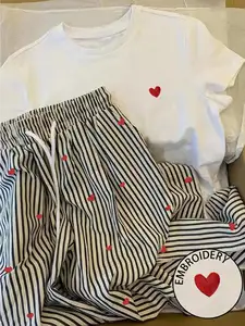 INAWLY Women's Heart Print Round Neck Short Sleeve T-Shirt And Drawstring Waist Striped Pants Casual Suit