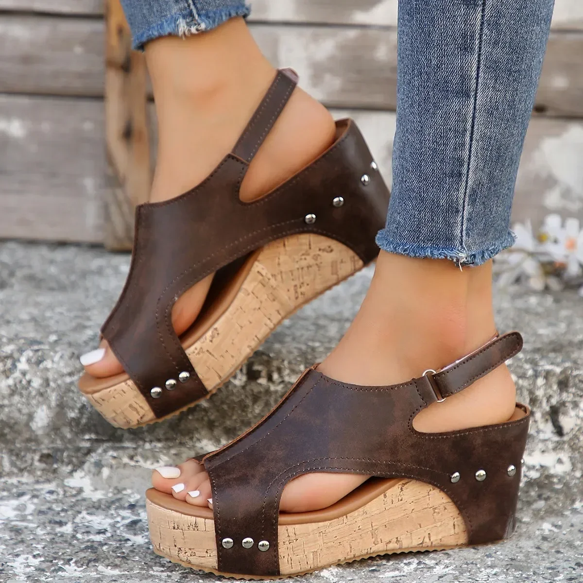 Sandalias De cuña con plataforma y Punta abierta para Mujer, zapatos De tacón alto, calzado informal para exteriores, talla grande