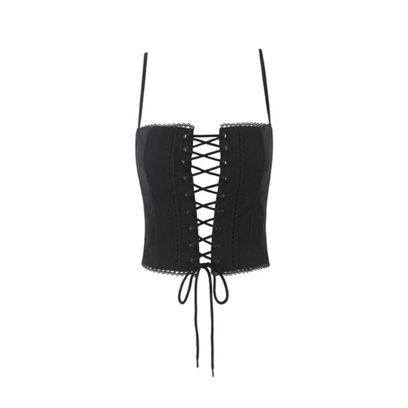 Original Design Black Cross Strap Hollow Out Women's Sling European American Summer New Short Fishbone Waist Hot Girl Top Ladies