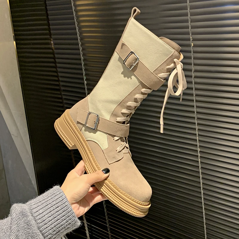 

Retro Belt Buckle Lace-Up Zipper Longleg Rider Boots Casual Patchwork Western Boots Thickness Increased Slim New Women's Boots