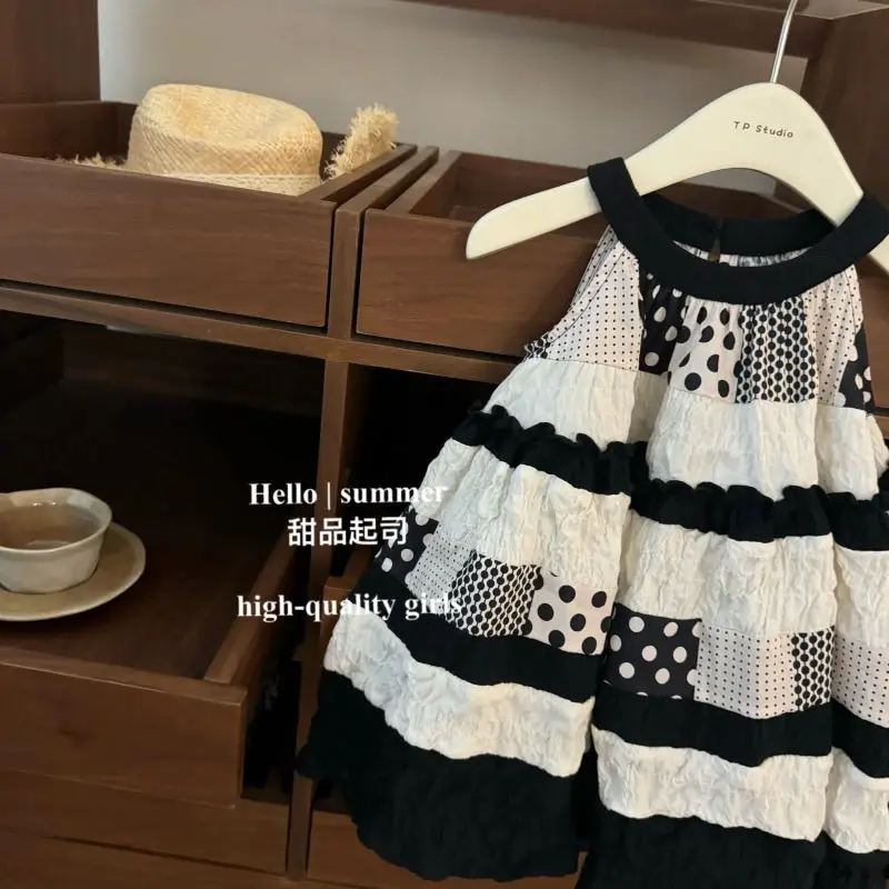 Girls Sleeveless Suspenders Dress Summer New Fashionable Patchwork Polka Dot Hanging Neck Vest Princess Skirt Vacation Dress