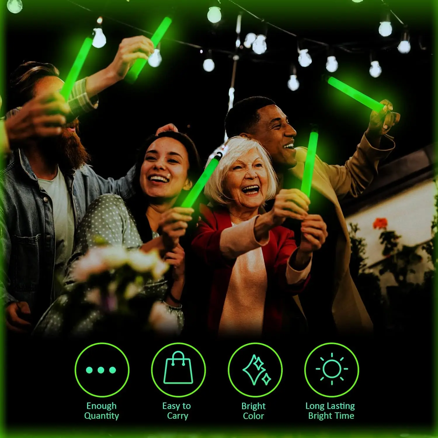 أعواد توهج باللون الأخضر المتوهج في مدة الطوارئ للتخييم والمشي لمسافات طويلة وأنشطة الحفلات الخارجية وتعتيم العواصف