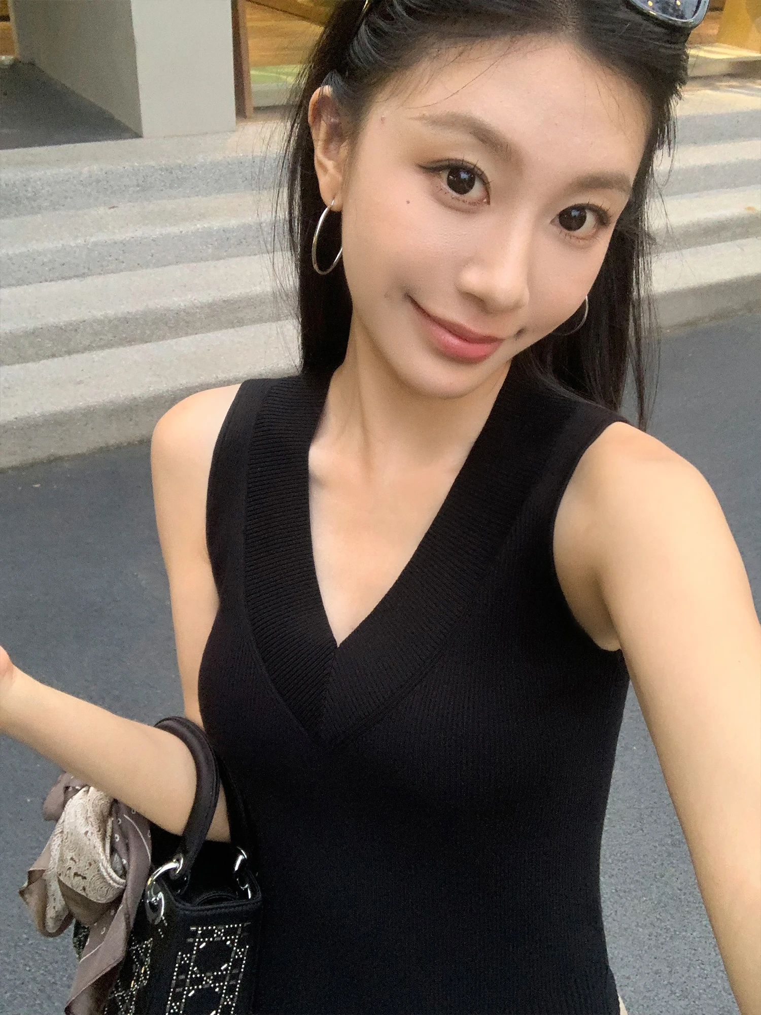 Pusumede Intelligent Sister Simple V-neck Knitted Vest Women's Rib Texture Slim Fit Sleeveless Elegance Top