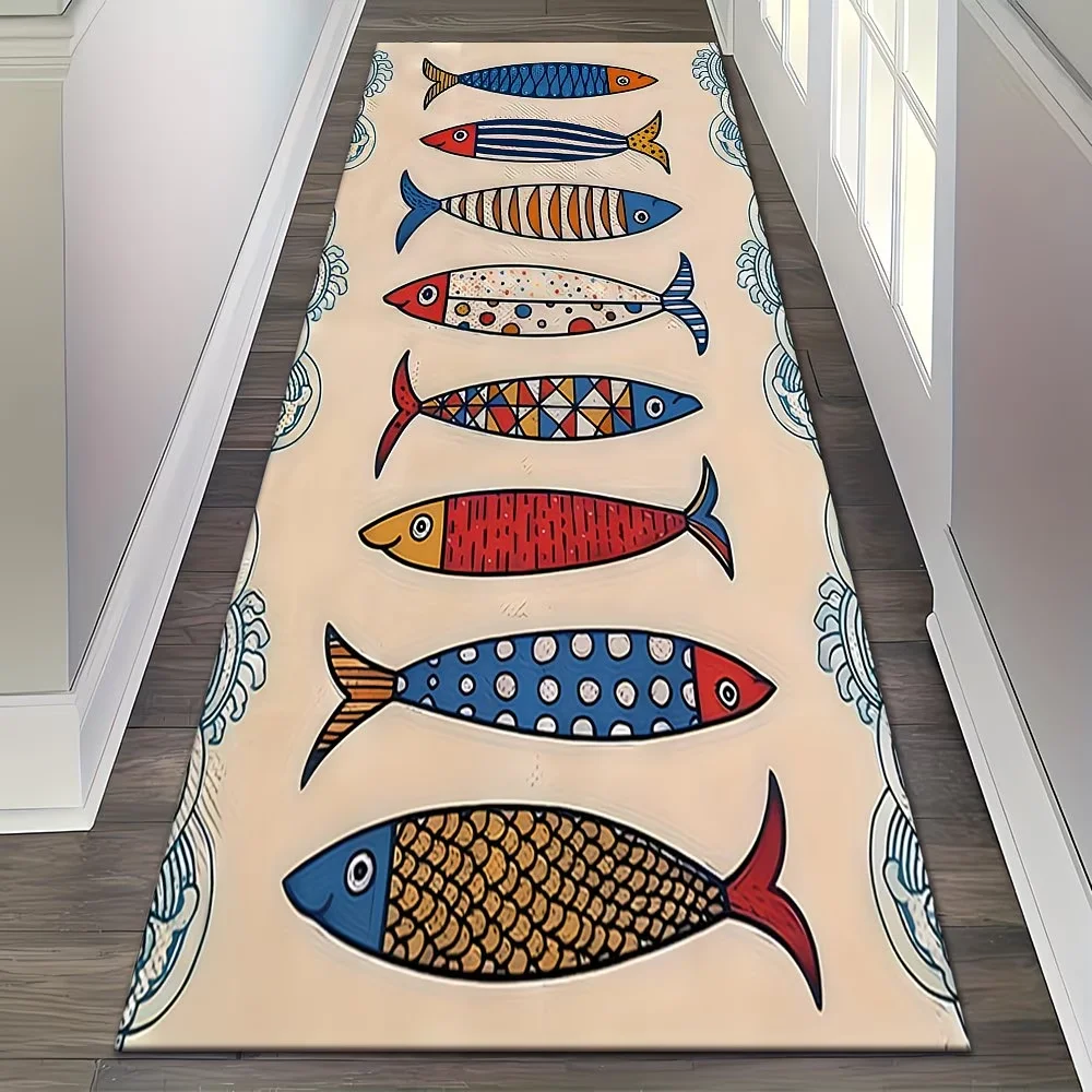 Cartoon Fish Printed Long Floor Mat Kitchen Runner Rug Non-Slip Entrance Doormat Fashion Sea Graphic Home Area Rugs Carpet