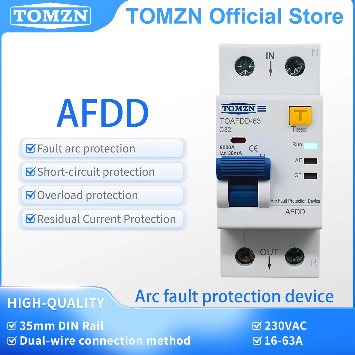 Dispositif de détection d'arc électrique TOMZN AFDD, disjoncteur différentiel RCBO 2P, protection contre les fuites de courant résiduel, protection contre les courts-circuits et les surcharges